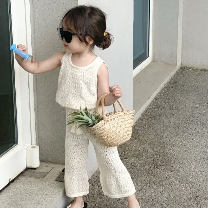 Girls Clothing Sets Summer Korean Thin Knitted Girl Set Children Hollow Breathable Vest Wide Leg Pants Two-piece Suit 250319