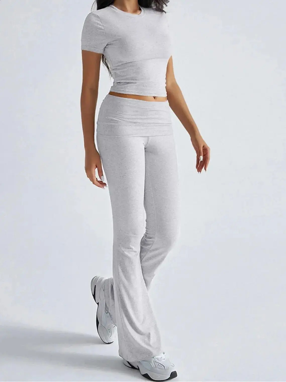 Women Casual Fashion Pants Set O Neck Solid Top High Waist Flare Leggings Gym Running Suit Female Outfit Clothes Yoga Tracksuit 250319