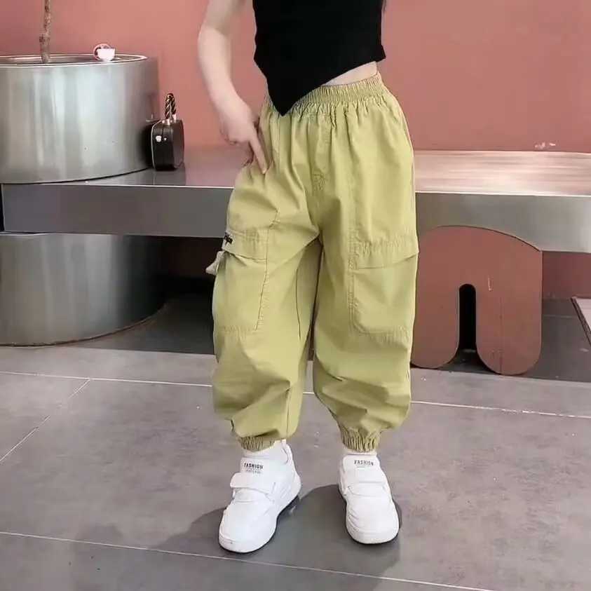 Pants for Kids Girls Cargo Pants Pure Color Trousers Pocket Loose Sport Pants High Waist Elastic Children Casual Running PantsT250318