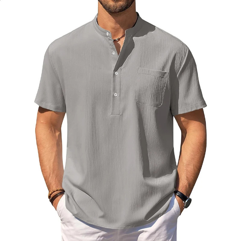 Summer mens short sleeved Henry casual shirt lightweight beach collar pocket Tshirt 250319
