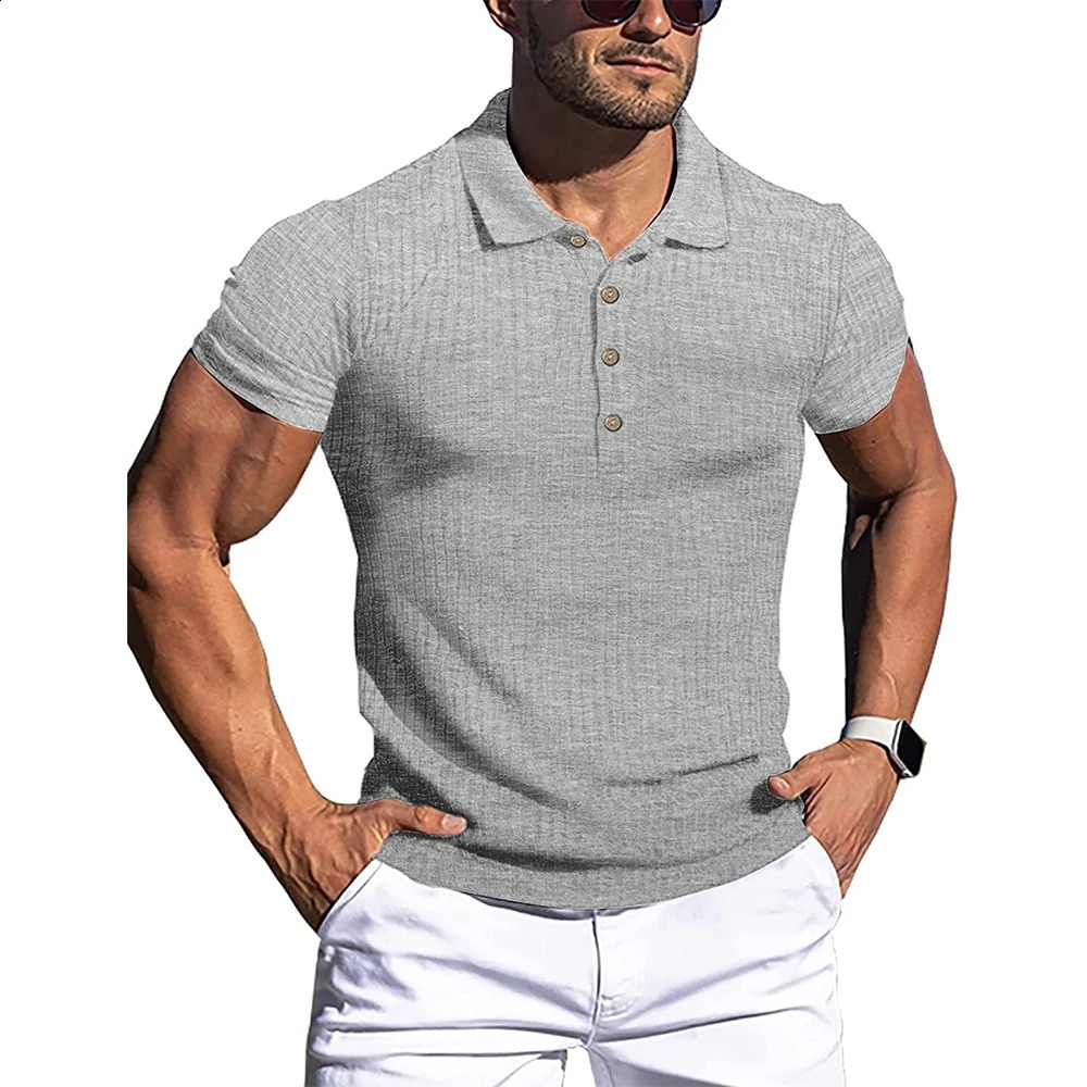 Summer Polo Men Solid Stripe Fitness Elasticity Short Sleeve Polo Shirts for Men Fashion Stand Collar Mens Shirts 250319