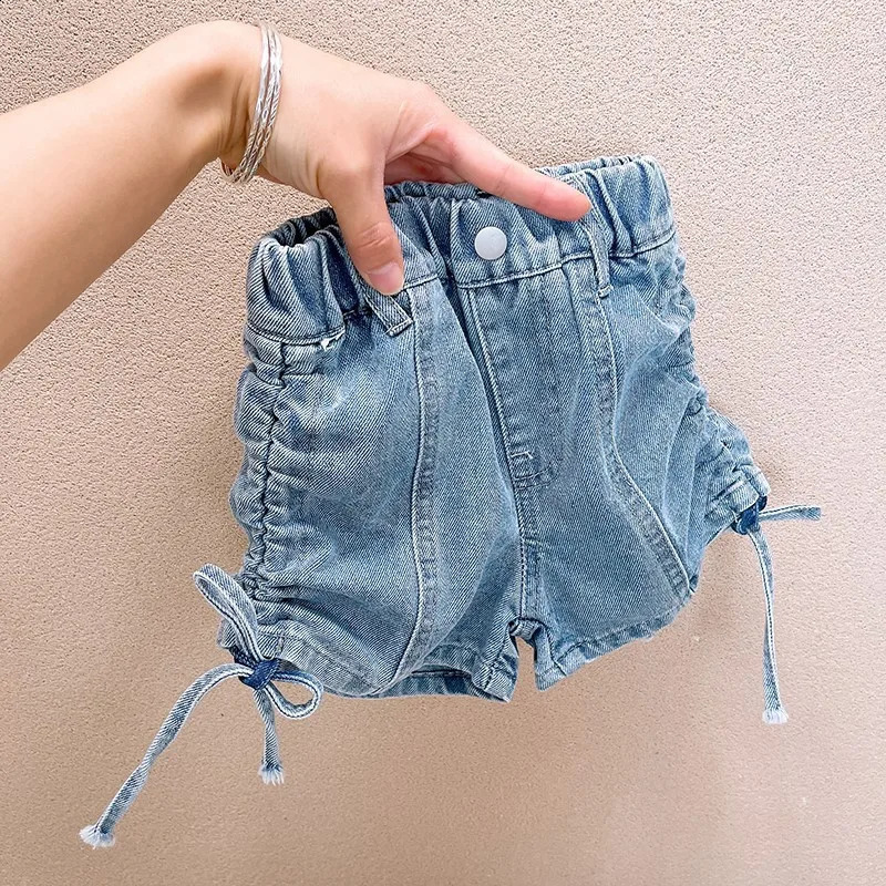 Girls Denim Shorts Stylish Casual Pants Summer Korean Style Drawstring Straps Solid Color Jeans for Outer Wear Kids Shorts 250319