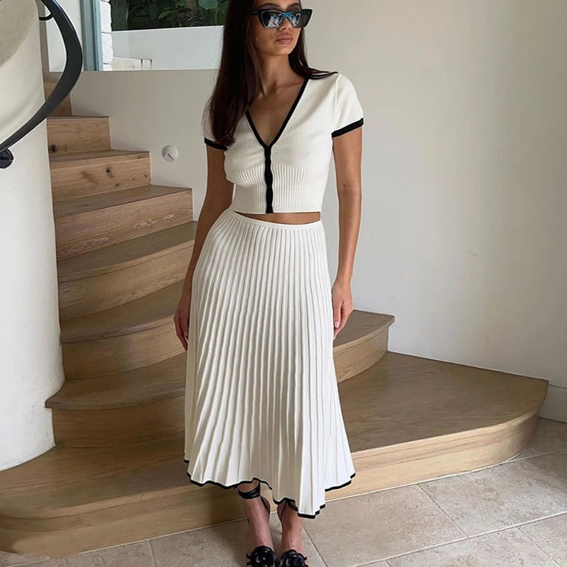 Summer Women White long Skirt Suit Short Sleeve V-neck crop top pleated set elegant dress 2 piece skirt set Plus Size S-3XL 250318