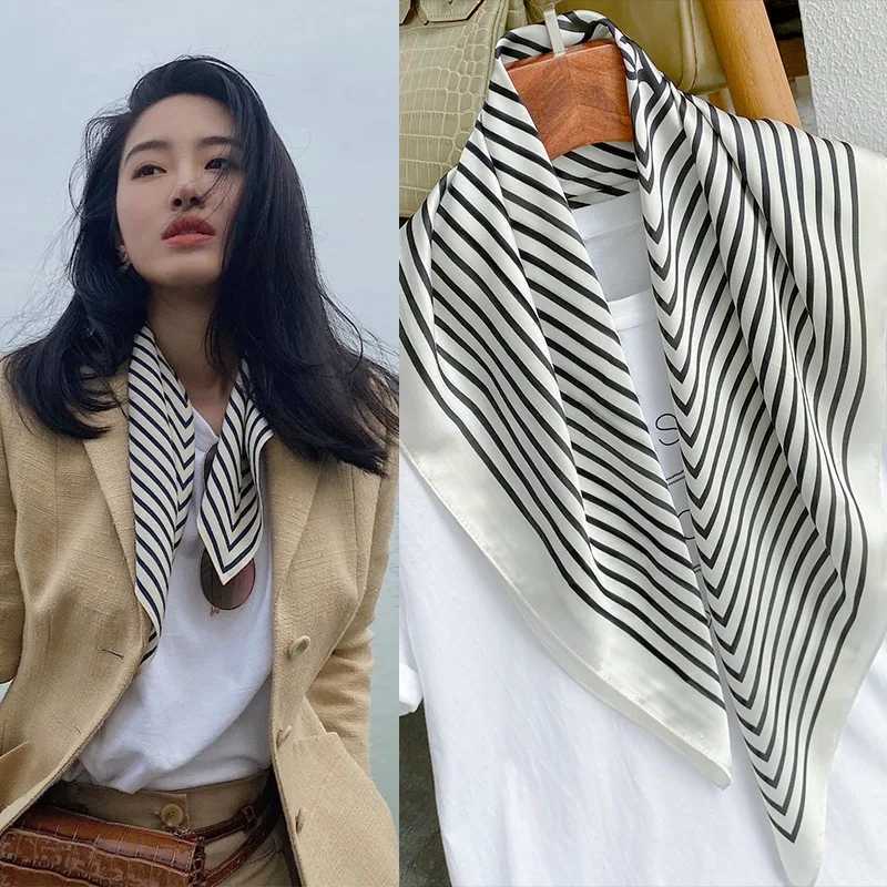 70cm silk textured square scarf with satin ribbon print scarf neck tie womens hair shawl bag Fem collar headscarf X250319