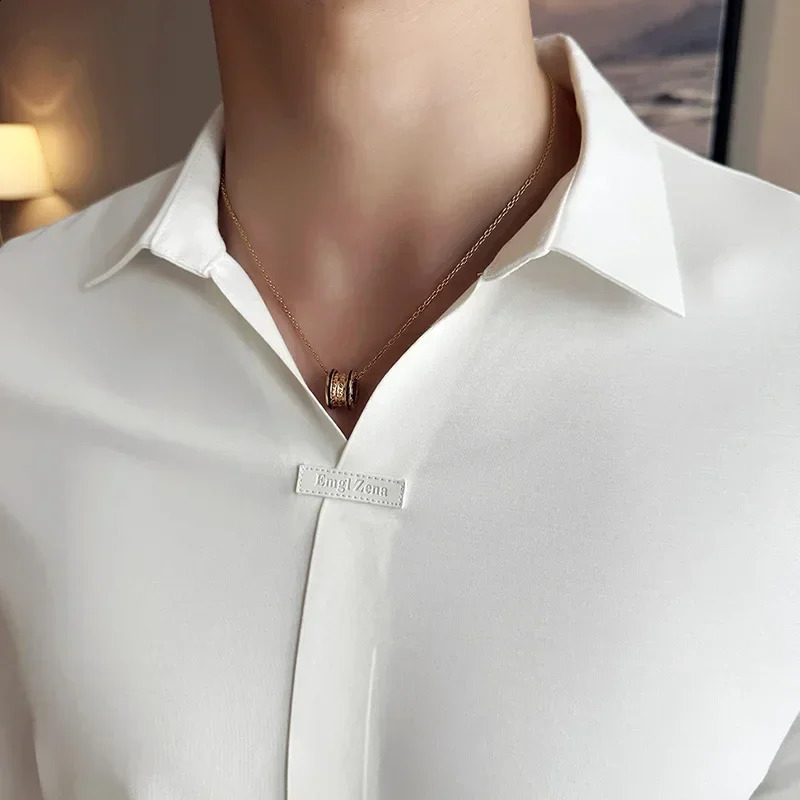 High elasticity slim fit mens T-shirt autumn ice silk seamless long sleeved solid casual V-neck polo shirt mens clothing 250318