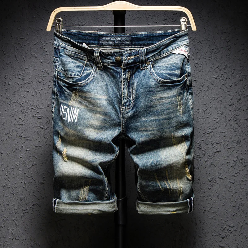 Classic Retro Distressed Mens Letter Printed Jeans Short Legs Knee Length Straight Slimming Fatigue Trend Punk Denim Shorts 250319