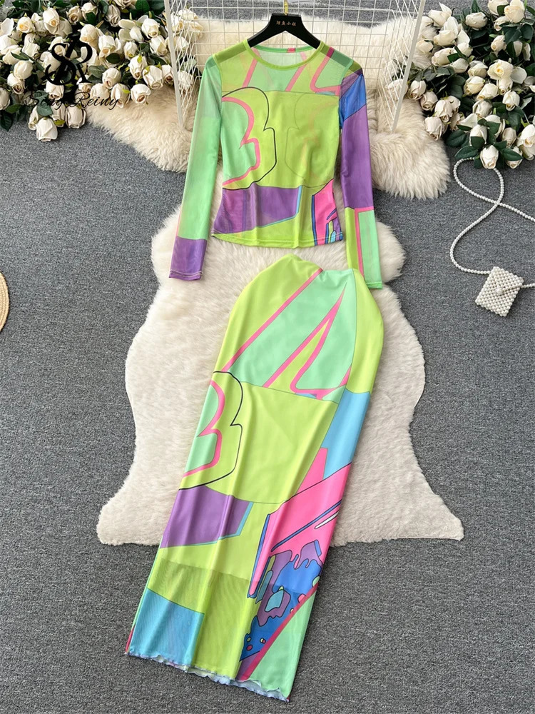 SINGREINY Women Painting Mesh Suits Long Sleeves TopsHigh Waist Bodycon Skirt Fashion Streetwear Vintage Skinny Two Pieces Sets 250319