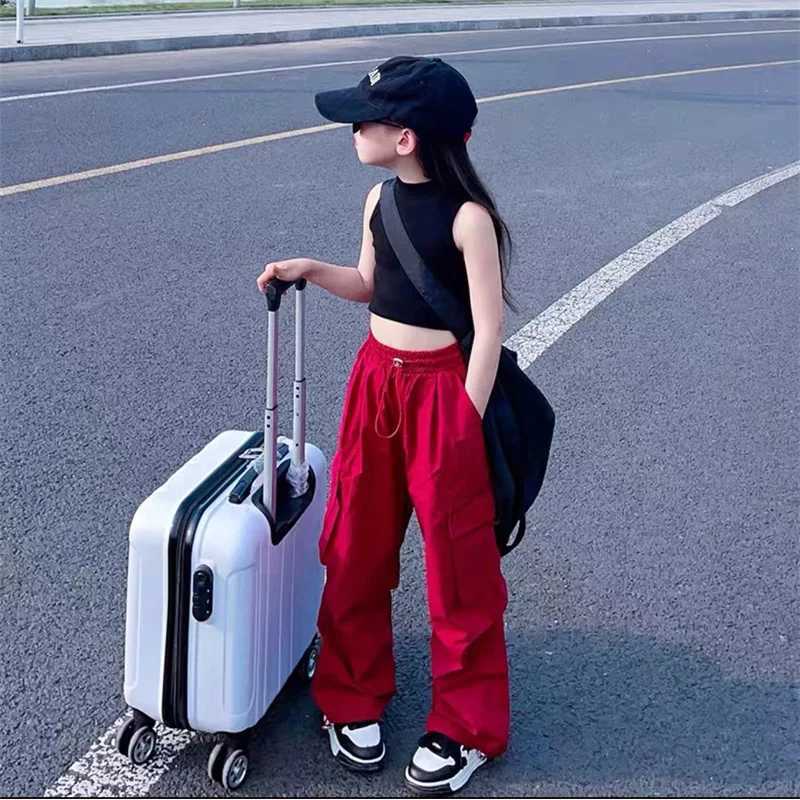 Girls sports cargo pants childrens fashion straight pocket Trousers childrens street clothing sports pants teenagers retro casual pantsT250318