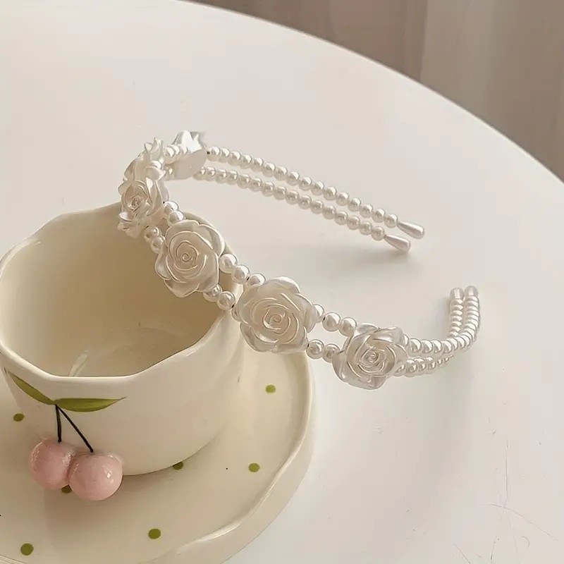 Vintage-Inspired Pearlized Headband Adorned with Roses Feminine Double Layered Hair Accent for Women