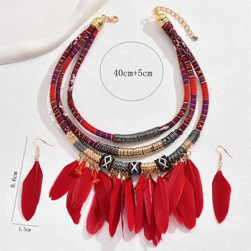Fashionable retro ethnic feather necklace earring set womens multilayer Neclace jewelry 250313