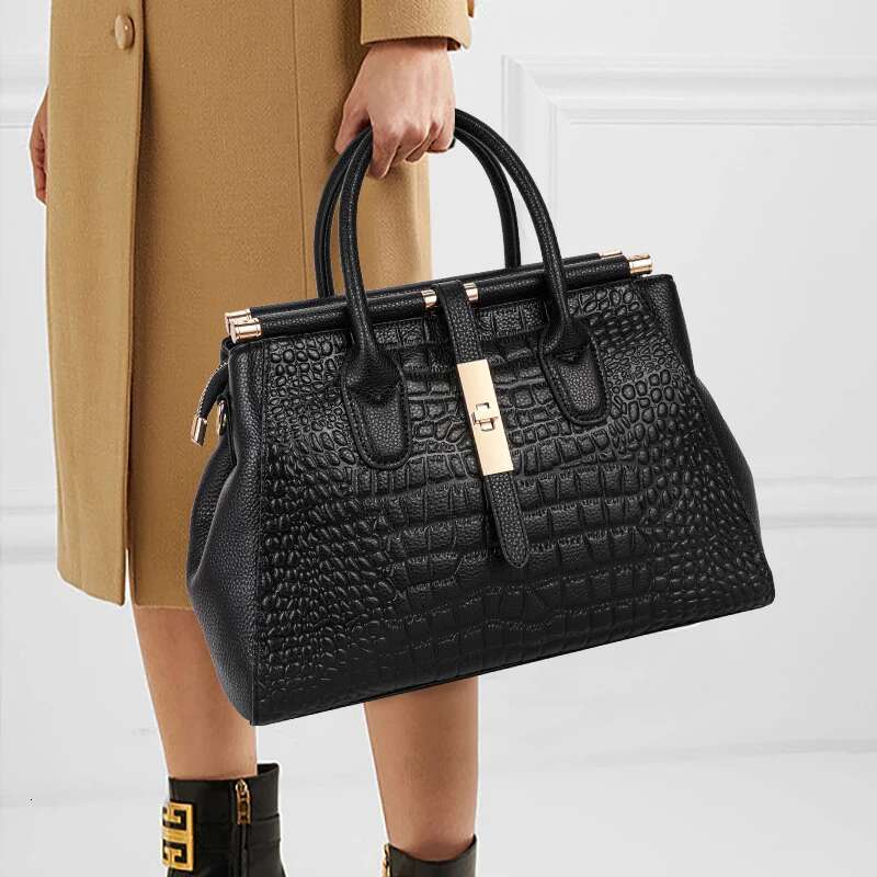 Aidrani Genuine Leather Women's Handbag, Large Capacity Crocodile Patterned Cowhide Bag, Black