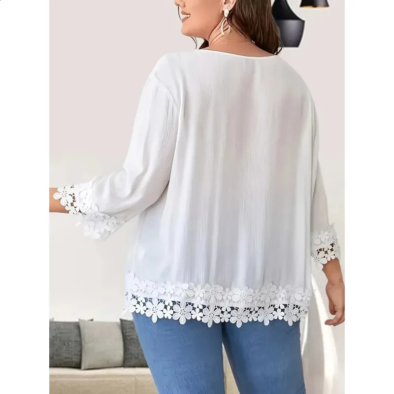 Plus Size 1XL5XL Womens Casual Solid Color Shirt Ladies Fashion Lace Trim Spring summer Blouse Top 250319