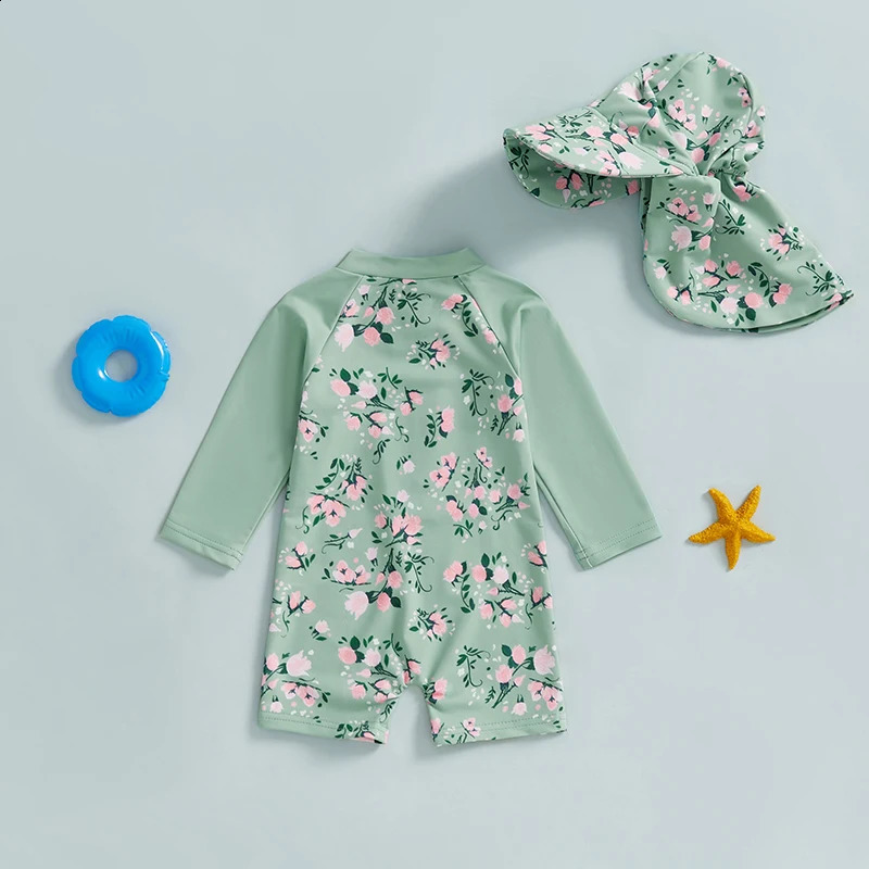 Baby Girl Swimsuit Ruffle Sleeve Floral Print Swimwear with UPF 50 Sun Protection and Matching Hat 250319