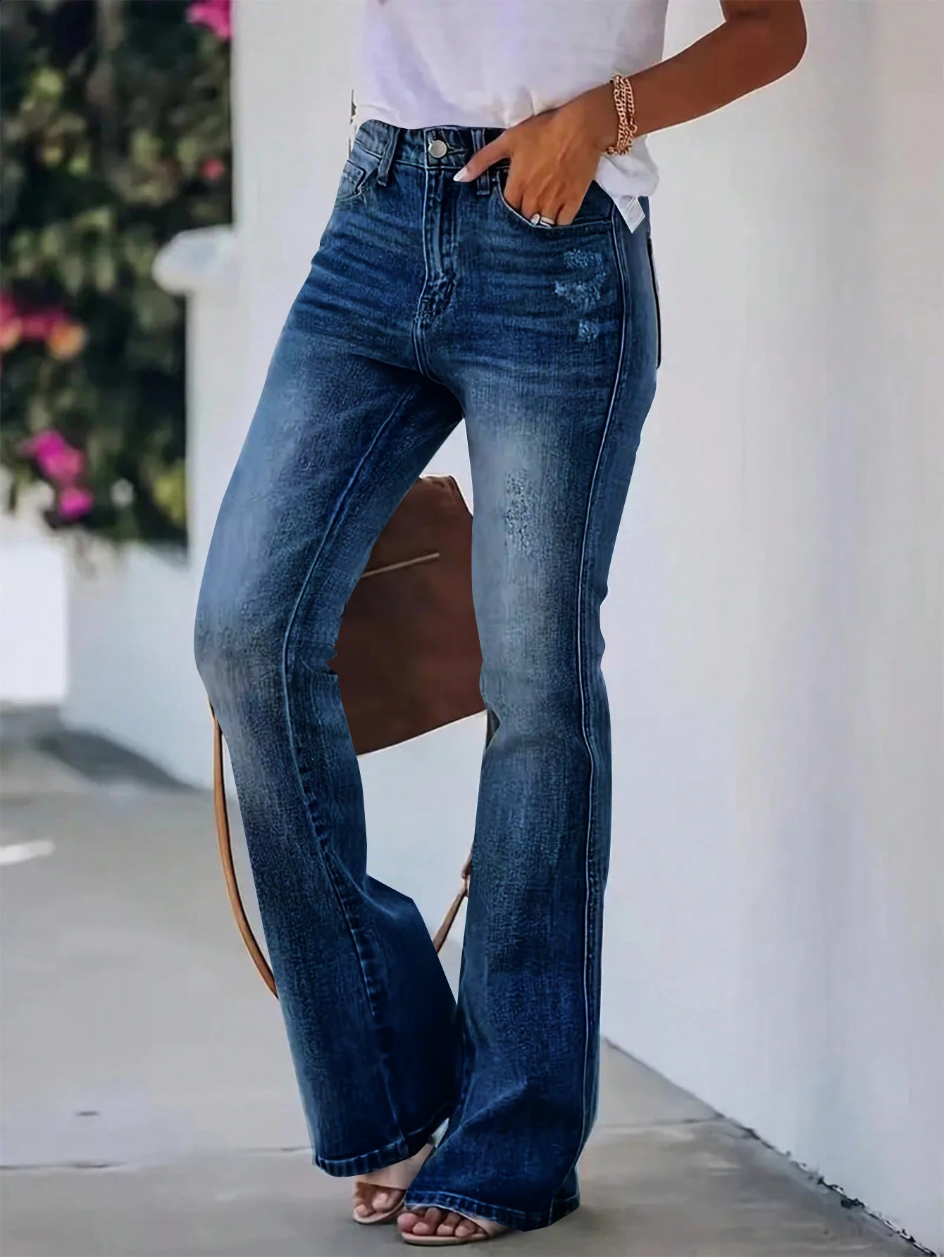 elegant girls solid color jeans high waist slimming horn Denim trousers 250317