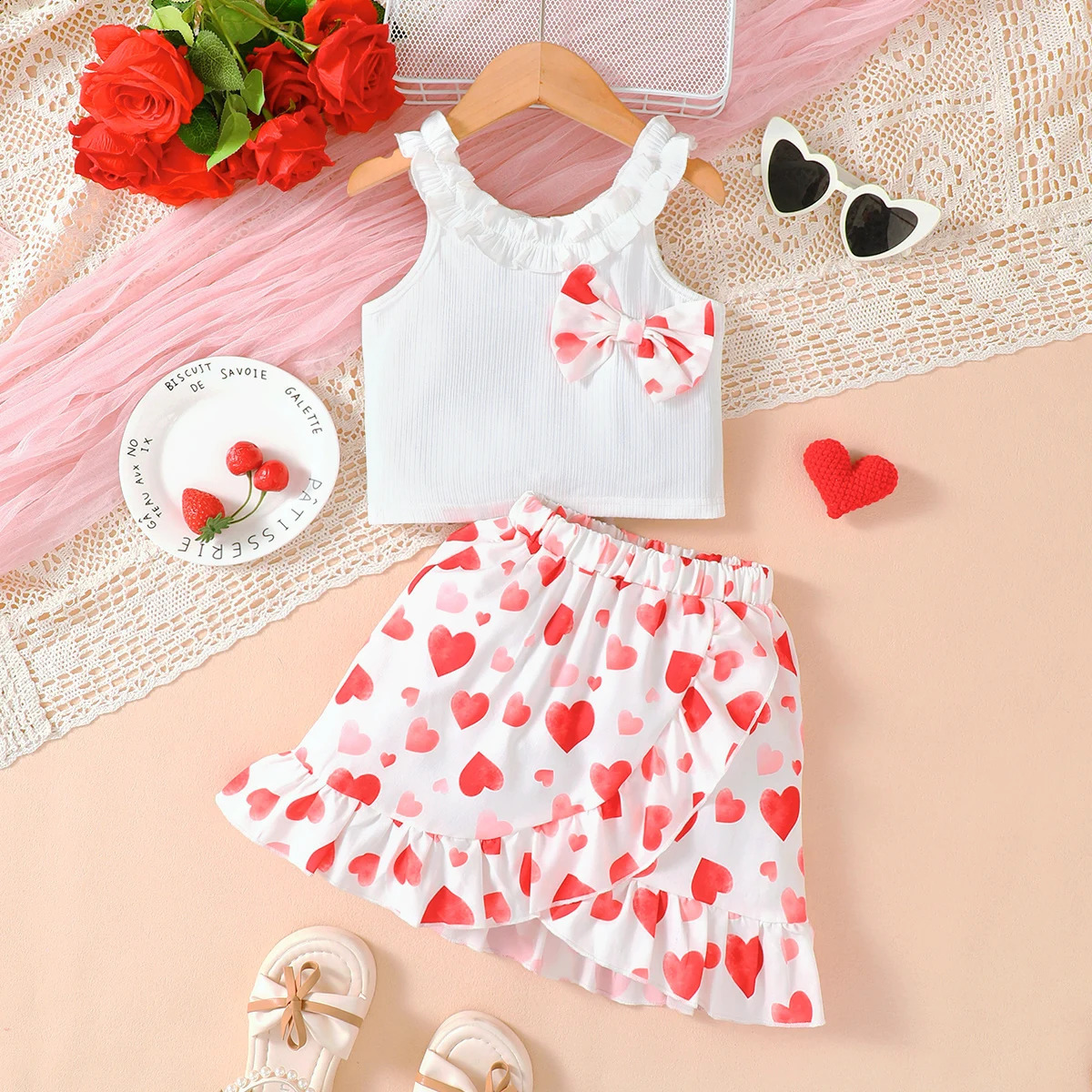 Kid Girls Summer Set Off Shoulder Bow Top Love the heart Printed Irregular Half Skirt Fashion Set Suitable for Girls Aged 4-7 250319