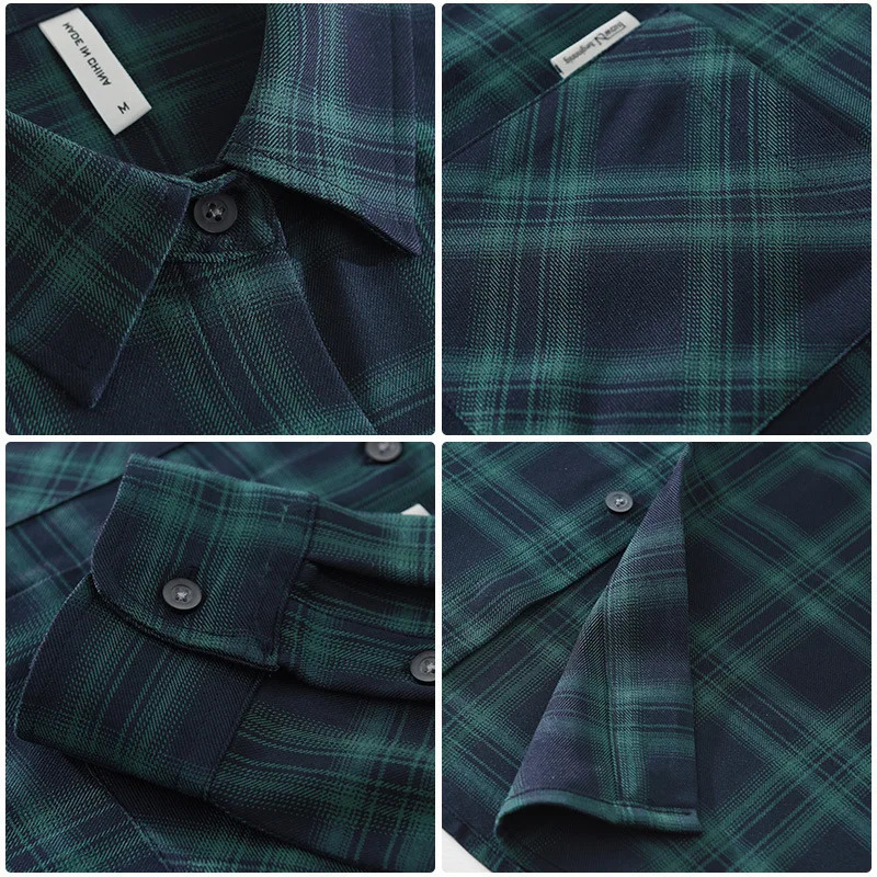 Mens Japanese Style Long-sleeved Shirts Casual Checkered Single-breasted Shirts With Chest Pockets Man Workwear Tops 250314