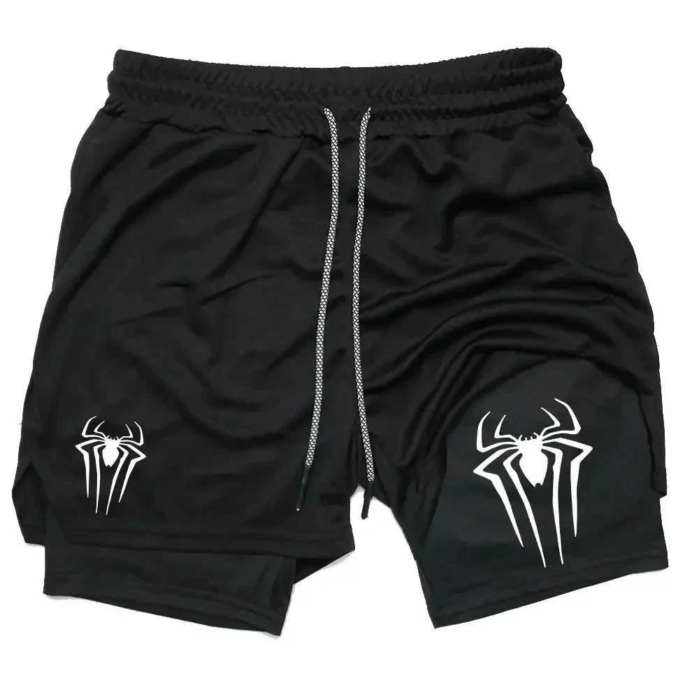 Mens spider printed compression shorts gym workout shorts Y2K with pockets 5 inches quick drying breathable 2-in-1 W250319