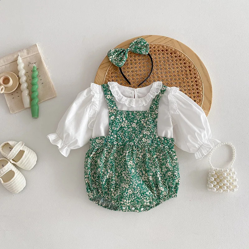 Autumn Baby Girl 2PCS Clothing Set Cotton Lace Collar Solid Shirt Green Leaf Printed jumpsuit Preschool 250319