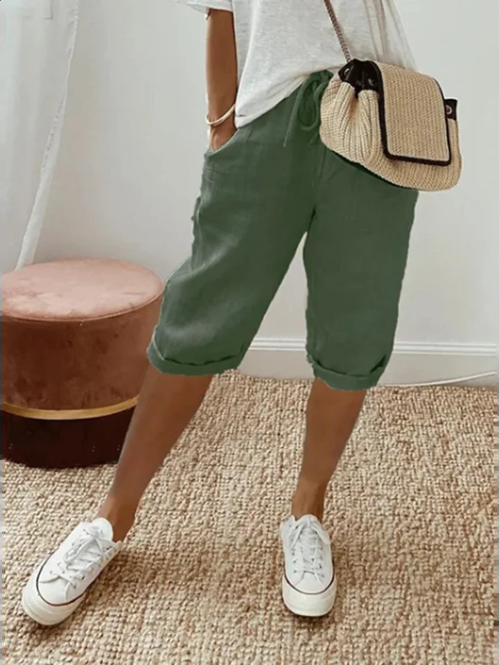 Summer Middle Pants Womens Solid Color Pocket Elastic Shorts Casual Fashion Sports Shorts Cotton Beach Shorts 250319