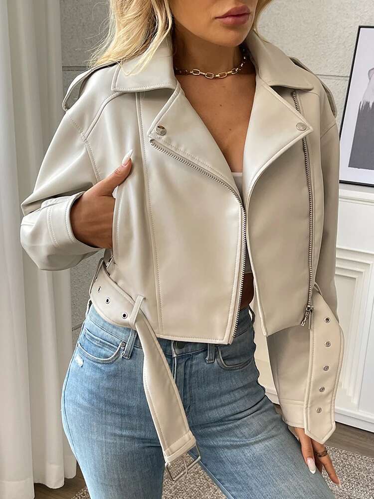 Aigo Streetwear Women Loose Moto Biker Pu Faux Leather Jacket Spring Autumn Female Zipper Belt Retro Coat Outwear