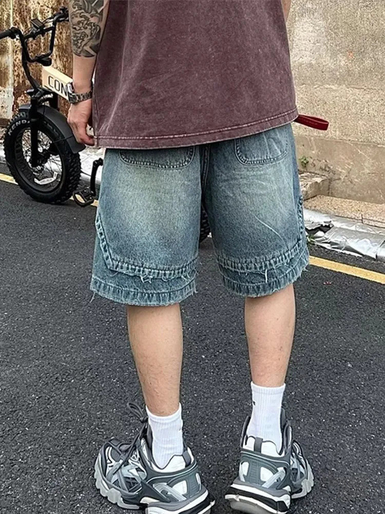 Mens Vintage Lace Up ned Denim Shorts Summer High Waist Knee Length baggy Jeans Casual Fashion Streetwear Trousers 250319