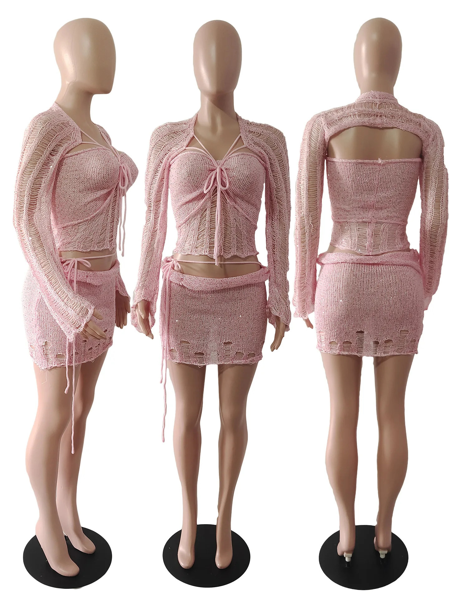 Sexy Sequined Knitted Sweater Party Dresses 3 Piece Skirt Sets Womens Outfits Flare Long Sleeve See Through Clue Wear Dress 250318