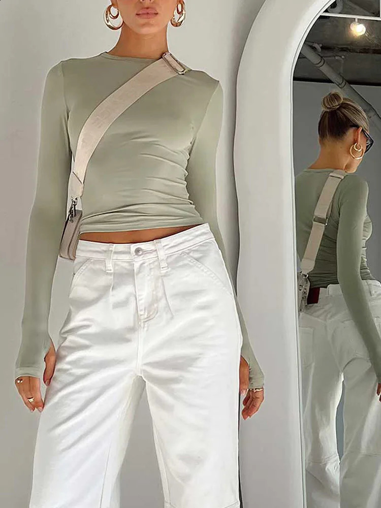 Fashion Women T-shirt Long Sleeve Crew Neck Solid Slim Fit Ladies Crop Top with Thumb Holes for Daily Streetwear Summer Camis 250319