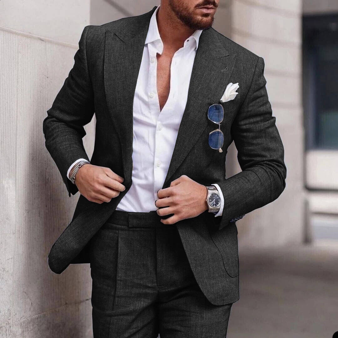 Linen Suit Wedding Suits for Men 2023 Lapel Collar Toppants 2 Piece Set Singlebreasted Flax Elegant For 250311
