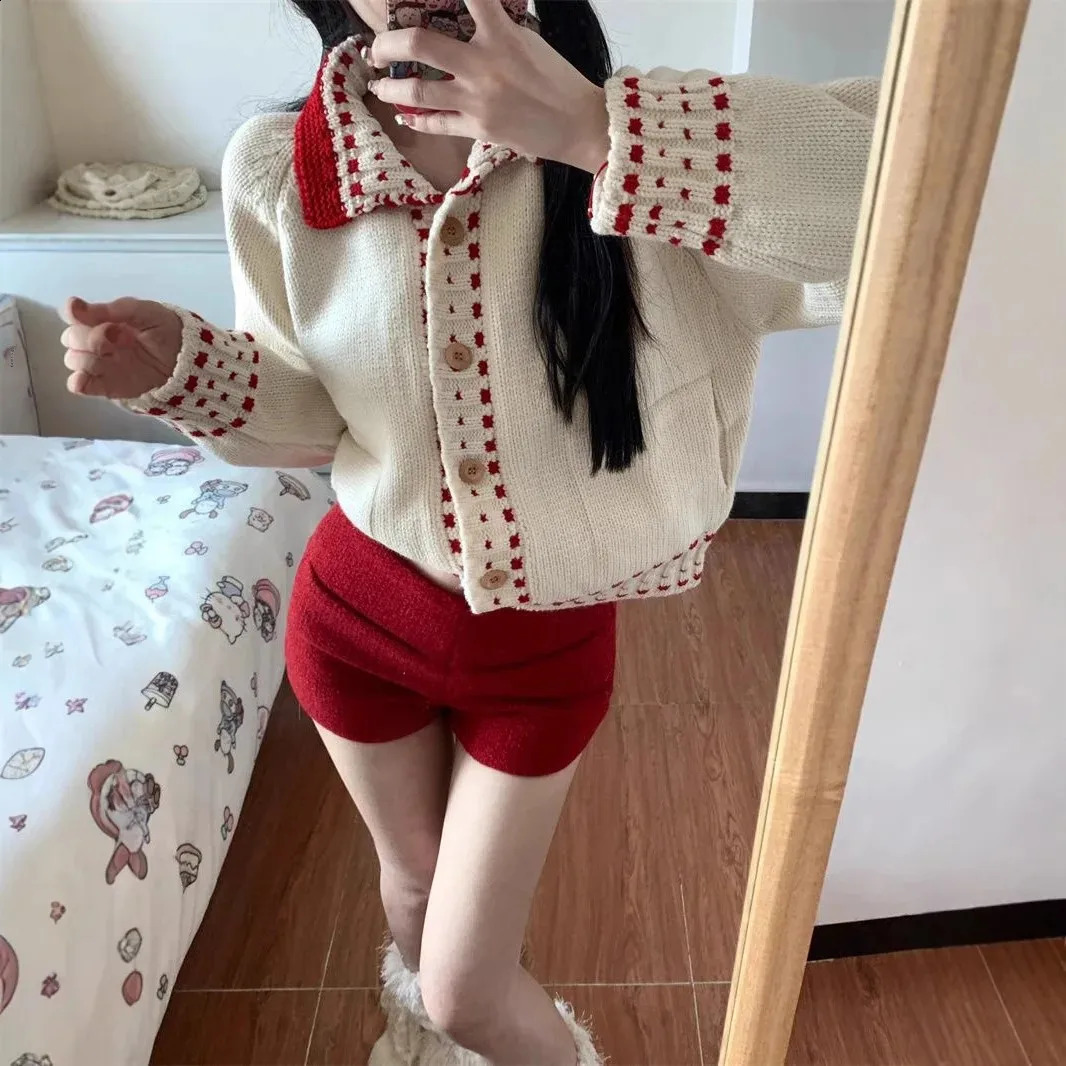 Retro Knitted Cardigan And Casual Red Pants Set for Women Year Fashion Single Piece Turndown Collar Color Block n 250319