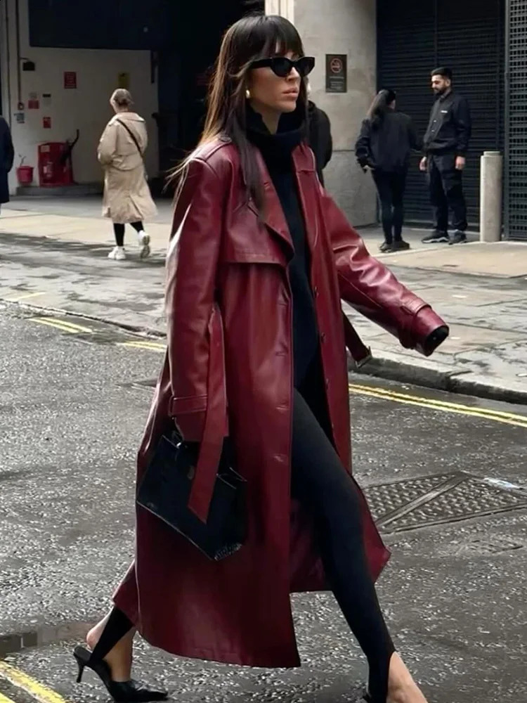 Womens vintage Burgundy synthetic leather Maxi long jacket with belt fashionable sleeves single perforated elegant PU groove 250319