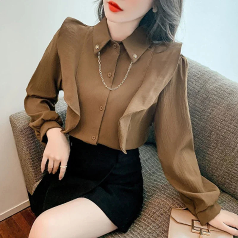 Elegant French office womens chic shirt summer trend metal chain pleated long sleeved solid full matching and 250318