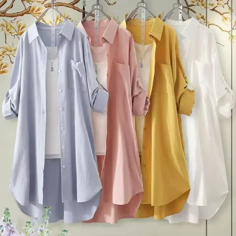 Plus Size Loose Breathable Blouses Midi Shirt Korean Casual Autumn Simple Solid Female Long Sleeved Shirts 250312
