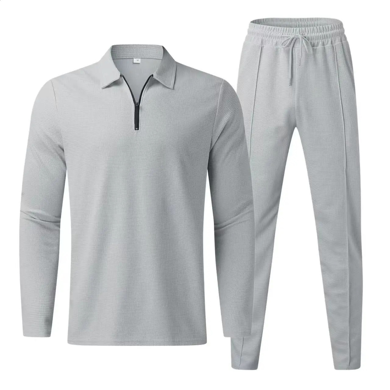 SpringAutumn Mens Waffle Solid Color Zipper Top Casual Handsome Sports Long Sleeve Pants Two Piece Fashion Set 250319