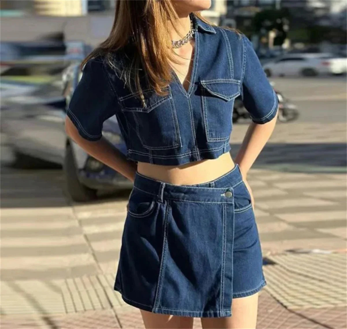 Denim 2 Piece Set For Women Solid Fashion In Flip Pocket V Neck Shirt Top Asymmetric Shorts Skirt Lady Y2k Streetwear 250318