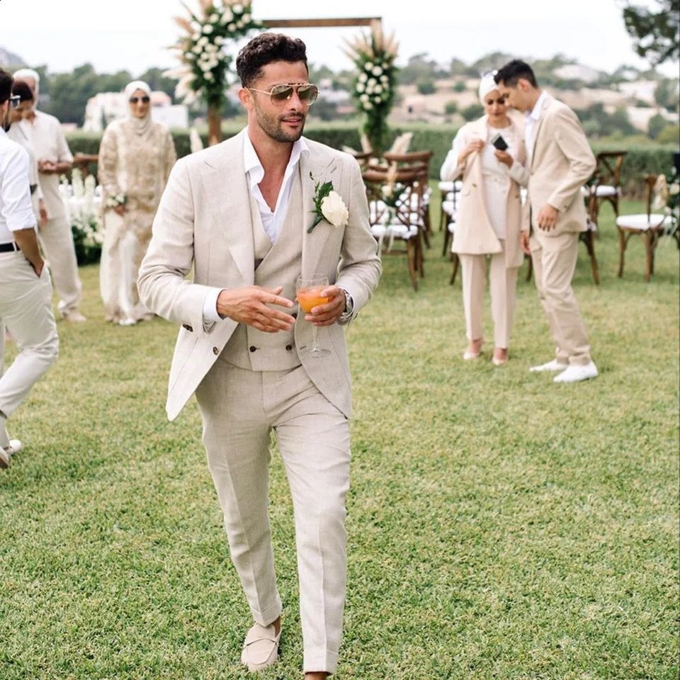 Summer Linen Men Suits 3 Piece Chic Single Breasted Lapel Outfits Fashion Daily Casual Slim Groom Wedding Party Tuxedo 250311