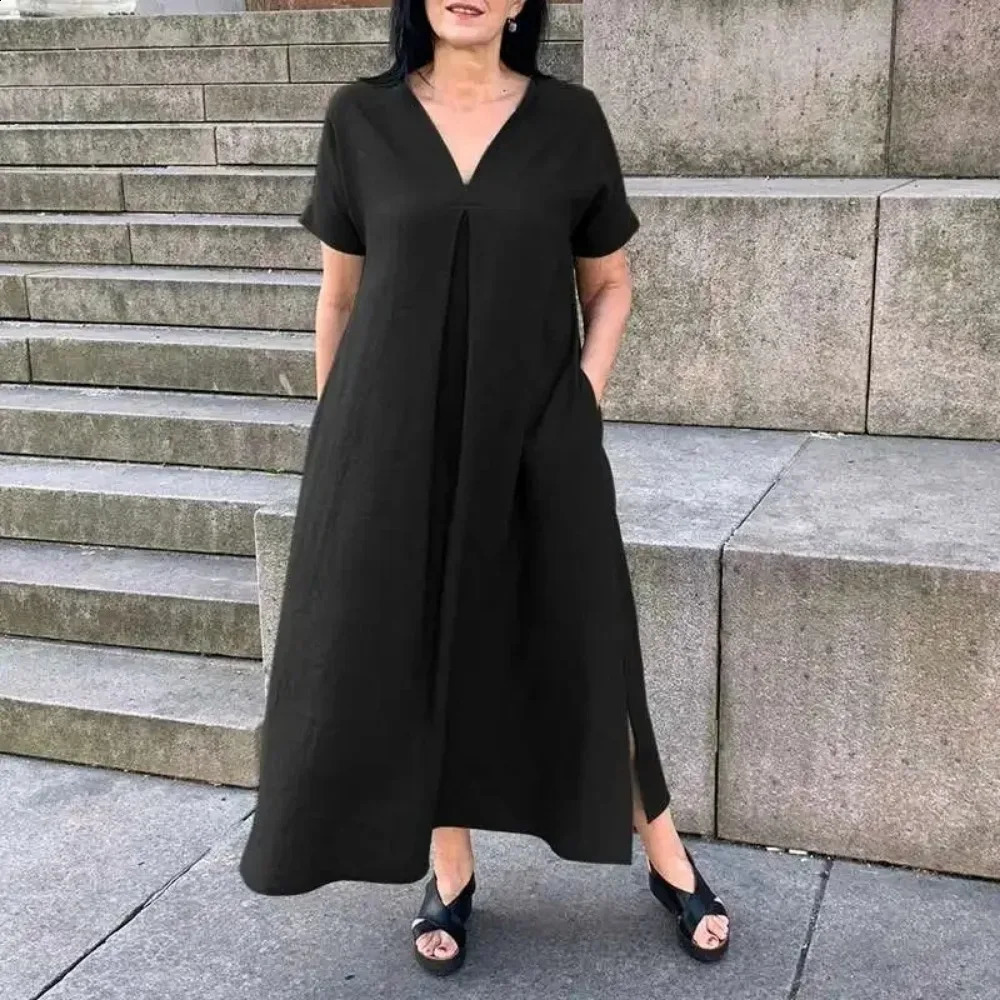 Womens L5XL plus size spring summer loose cotton linen short sleeved fashionable dress Vneck solid color casual 250319