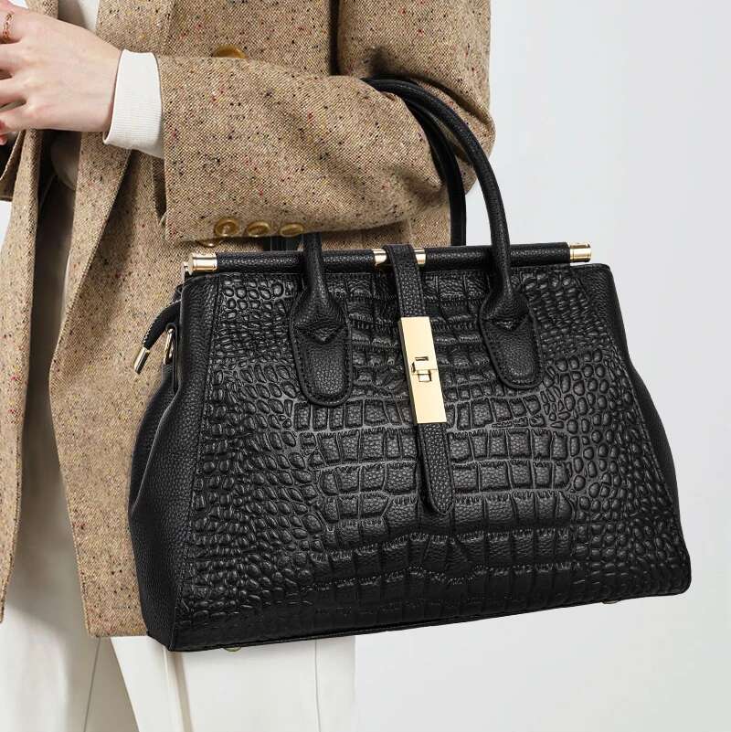 Aidrani Genuine Leather Women's Handbag, Large Capacity Crocodile Patterned Cowhide Bag, Black