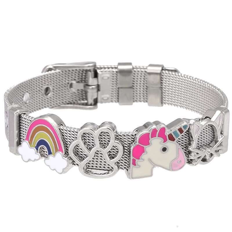 Hot Sale 10mm Rainbow Unicorn Beads Stainless Steel Mesh Bracelets DIY Charm Keeper Bracelets Bangle For Women Men Jewelry Gift