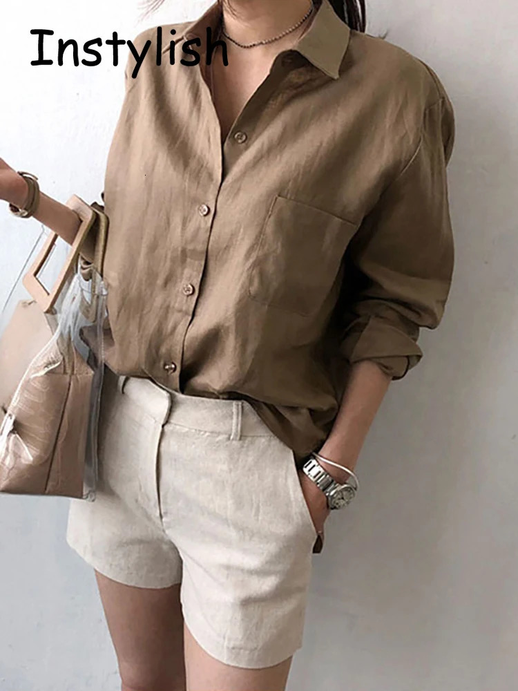Casual long sleeved cotton linen loose shirt for womens spring and summer retro Harjauku streetwear oversized shirt elegant top 250318