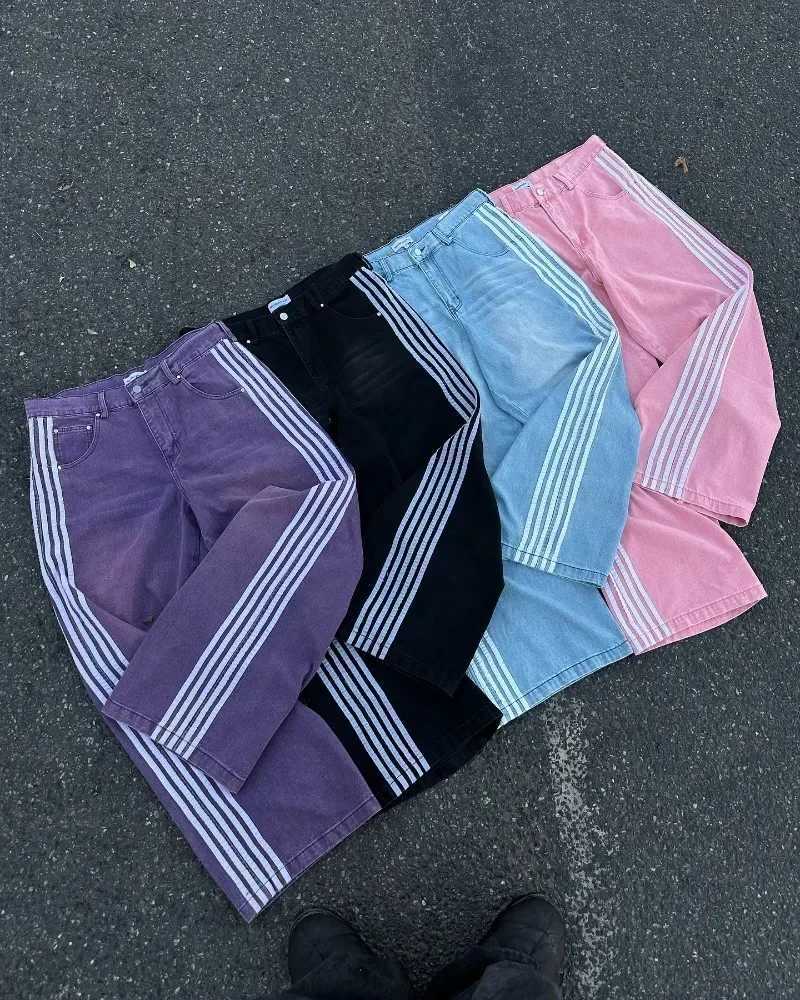 High Street retro striped embroidered high waisted jeans mens casual pants Harajuku hip-hop street bag wide leg jeansT250319