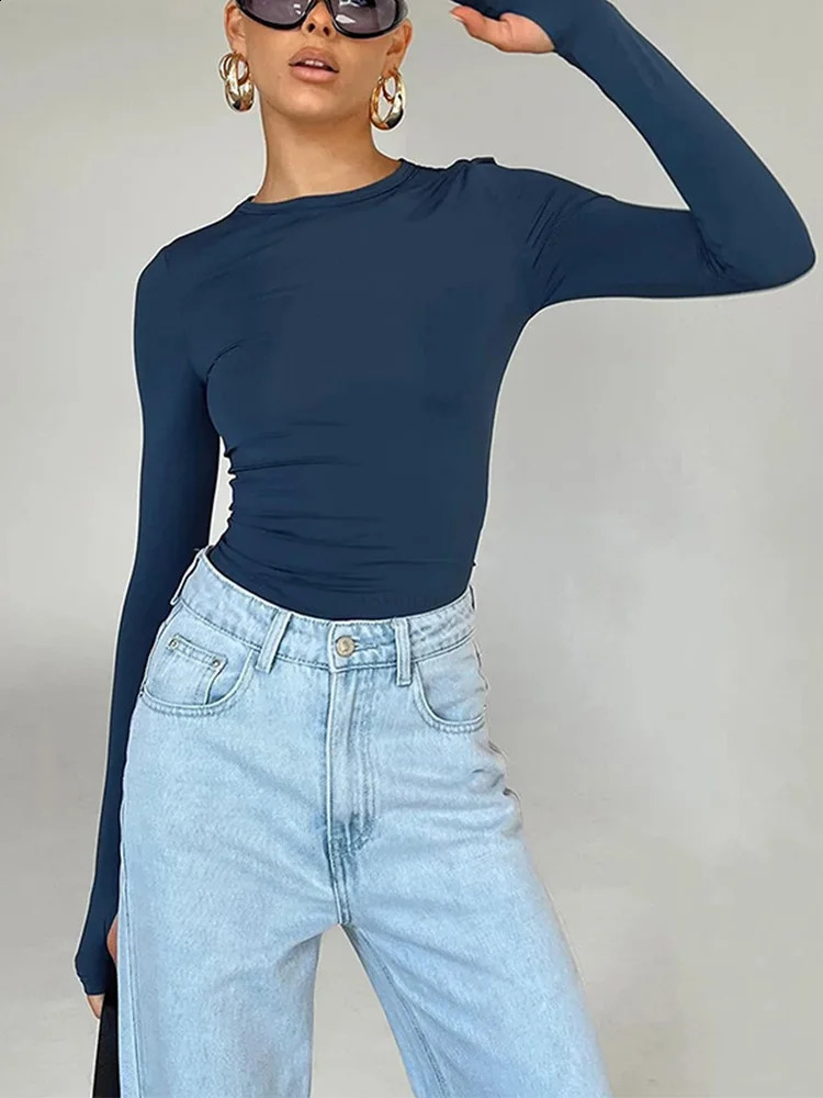 Fashion Women T-shirt Long Sleeve Crew Neck Solid Slim Fit Ladies Crop Top with Thumb Holes for Daily Streetwear Summer Camis 250319