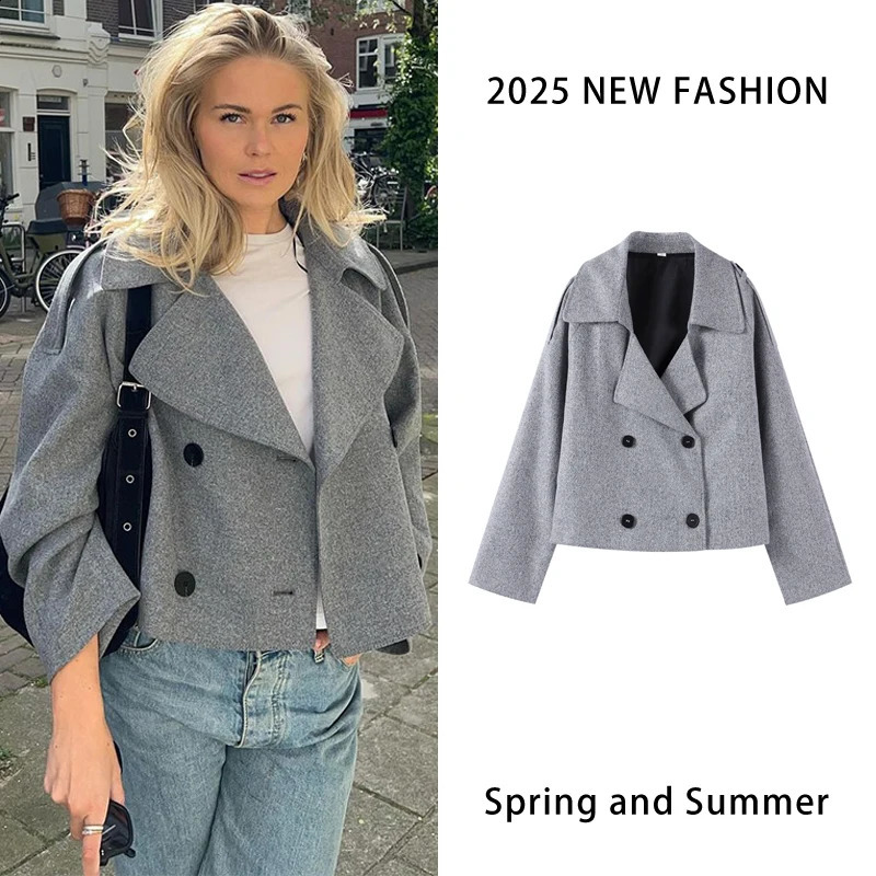 Grey double breasted synthetic wool coat for women loose collared long sleeved jacket autumn elegant casual 250319