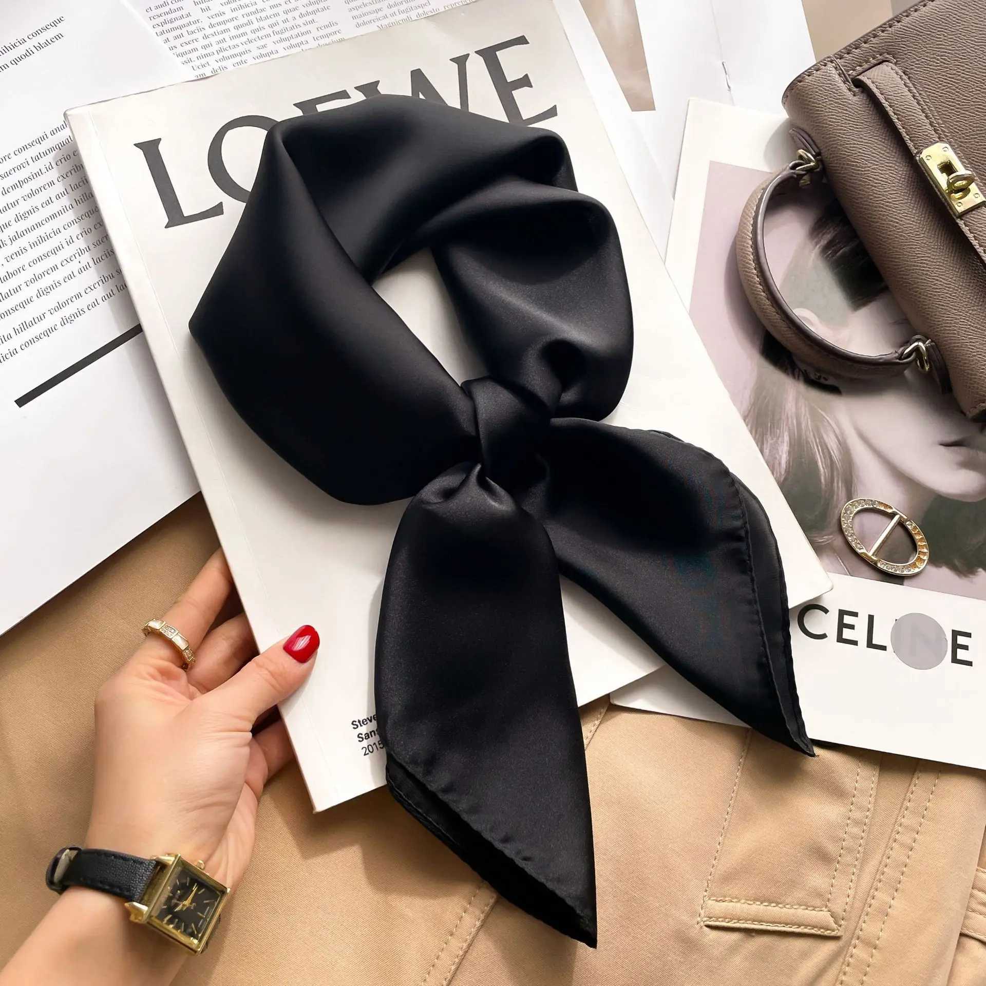 70cm Solid Neckerchief Hijab Scarf For Women Silk Satin band Hair Scarves Fem Square Shawls Scarfs For Ladies X250319