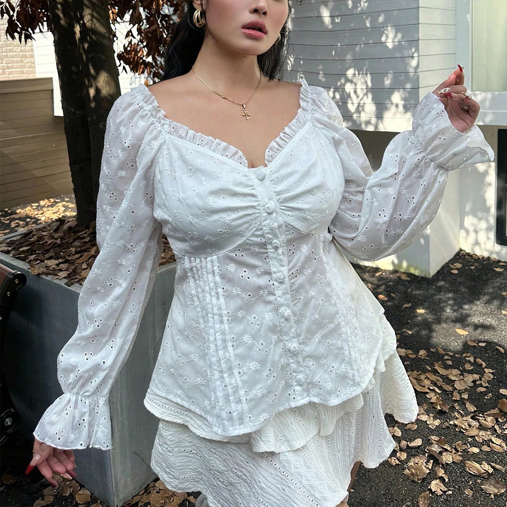 Womens solid color sweetheart collar long sleeved pleated embroidered shirt elegant spring and summer style 250319