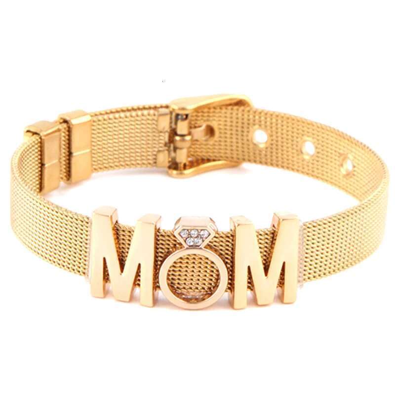 Fashion Ladies Stainless Steel Mesh Bracelets Crystal MoM Charms Fine Bracelet Adjustable Bracelet for Mother's Day Gifts