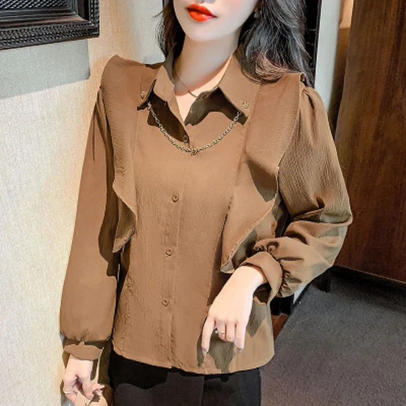 Elegant French office womens chic shirt summer trend metal chain pleated long sleeved solid full matching and 250318