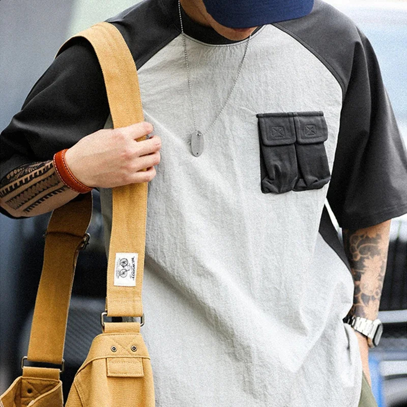 American retro pocket patch mens summer casual cotton short sleeved round neck Tshirt Y2K streetwear 250318