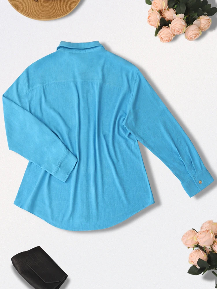 Womens solid color single row button up shirt suitable for Outerwear Office round neck spring and summer fashion 250319