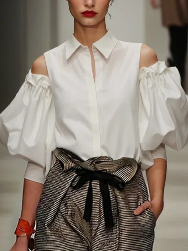 Krismile 2025 Summer Women Elegant Blouse Shirts Fit Home Party School Outing Loose Cold Shoulder Lapel Women Tops Clothing 250318
