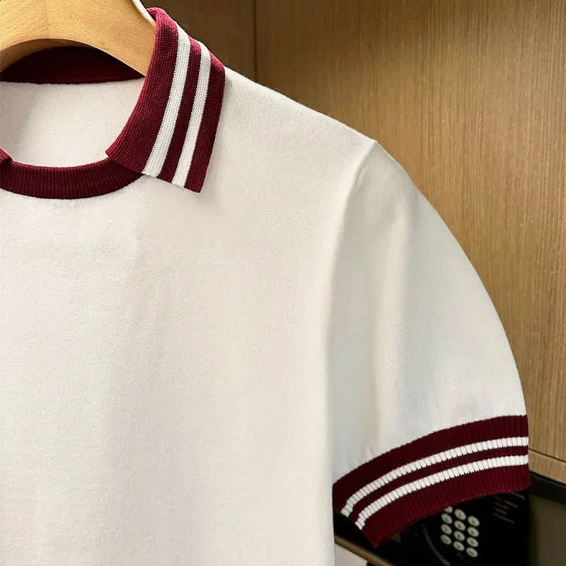 Summer Knitted Mens Polo Shirt Short Sleeve Collar T-shirt Splicing Work Color Fashionable Casual Top Slim Style 250317